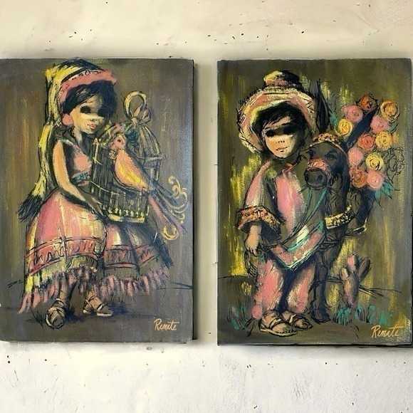 Pair MCM Vintage 16x24 Mexican Folk Art Paintings on Board Big Eyed Girl & Boy